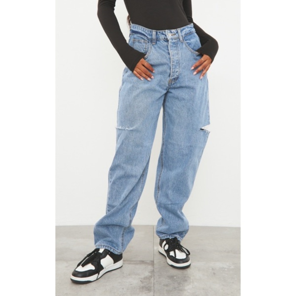 PrettyLittleThing MID WASH THIGH SPLIT BAGGY BOYFRIEND JEANS Size 8 NWT